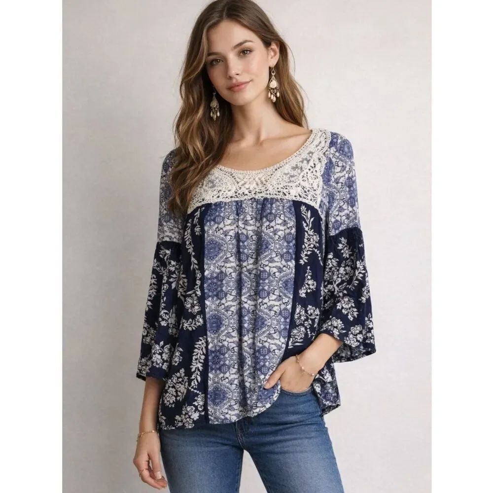 Anthropologie Bila Navy and Cream Lace Blouse